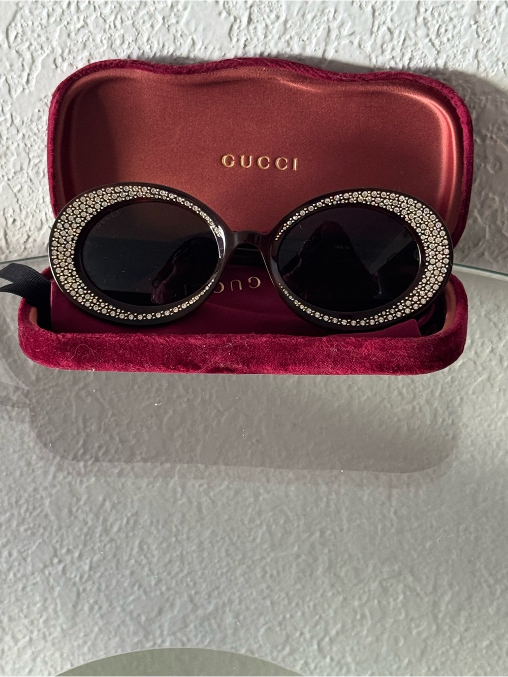 Authentic Gucci Brown Oval Sunglasses with Green Lenses and Crystal Trim - Picture 3 of 9